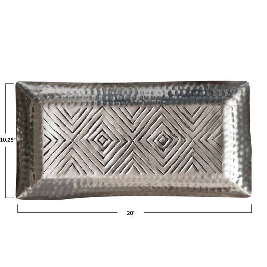 Hello Honey® 20" Antique Silver Finish Decorative Aluminum Tray with Geometric Design